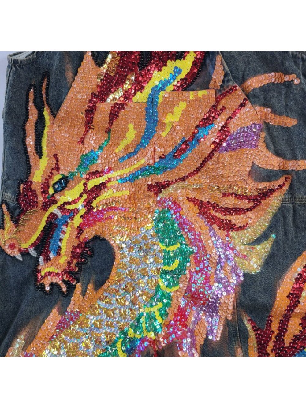 Kitmaple Denim Bib Overalls With Colorful Sequin Dragon Embroidery S-M - Picture 3 of 12